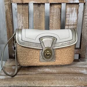 Coach Straw Leather Hamptons Wristlet Clutch Soft Gold With Turnlock